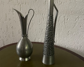 Narrow pewter vases - from Norway - pewter - handmade and marked Good condition 30 & 22 cm ( 12/9 inch) Haugrud Vintage Nordic Design