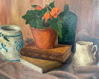 A. Broekaart - still life 63x50 cm - in black frame. Approx. 1930s Signed. Books plant vase ceramic jug - Belgian painter