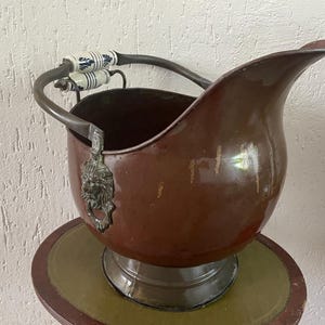 XXL 45cm / 18" copper flower pot antique with earthenware handles - model witches' cauldron - ca. 1930 - with lion's head and handle Indoor & outdoor