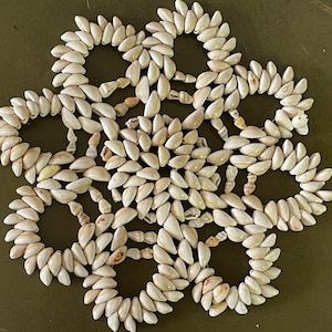 Puede incluir: Un posavasos decorativo hecho de pequeñas conchas marinas de color crema dispuestas en un patrón floral. Las conchas están muy juntas, creando una superficie texturizada. Un artículo único y artesanal.