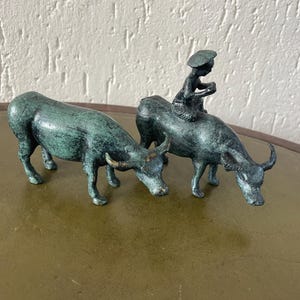 Set/2 Bronze statues China water buffalo (carabao) of which 1 with boy with flute on buffalo - agriculture - Approx. 12cm/ 5&quot; green patina.