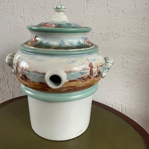 19th century water reservoir - Brussels pottery with fishermen decor - see photos. 30 cm high (12 inches) 28 cm diameter - see text