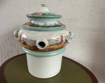19th century water reservoir - Brussels pottery with fishermen decor - see photos. 30 cm high (12 inches) 28 cm diameter - see text