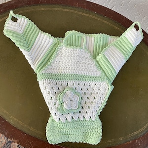 Puede incluir: Una manta de bebé de ganchillo en blanco y verde con un diseño de flor en el centro.