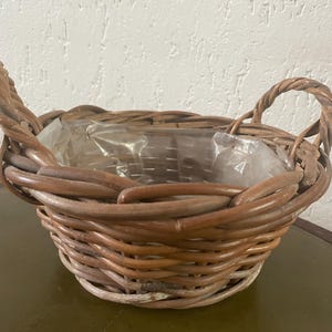 May include: A brown wicker basket with two handles, designed for planting. The basket has a clear plastic liner inside.