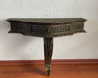 Gilded antique wooden wall console with drawer - hall table on 1 leg. 50cm / 20 inches high Top 55x25 cm (22x10 inches) Approx. 1900 Spain bedside table
