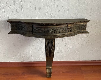 Consola de pared antigua de madera dorada con cajón - mesa de recibidor con 1 pata. 50 cm / 20 pulgadas de alto Tapa 55x25 cm (22x10 pulgadas) Mesita de noche de España de 1900 aprox.