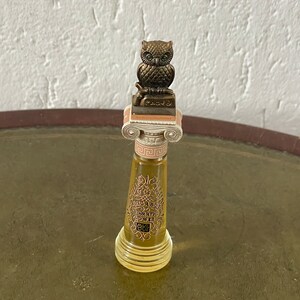 Può includere: Un piccolo flacone di vetro con un tappo a forma di gufo dorato e marrone. La bottiglia è decorata con disegni dorati e neri e il testo "The Owl and the Pussycat" è visibile sulla bottiglia.