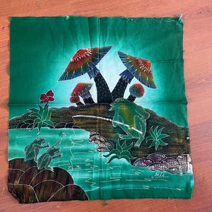 20x20"/50x50cm batik painting Indonesia - unframed batik canvas. Frogs and mushrooms. Yogyakarta, Java, NEW, signed