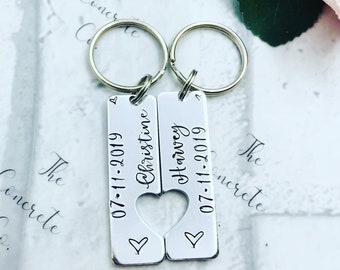 Wedding Day Engagement Anniversary Valentines Day Personalised Special Date Heart Keyring Set