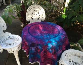 Round Table Cloth with Lace: Thai Dye Peacock Handmade 140cm diameter