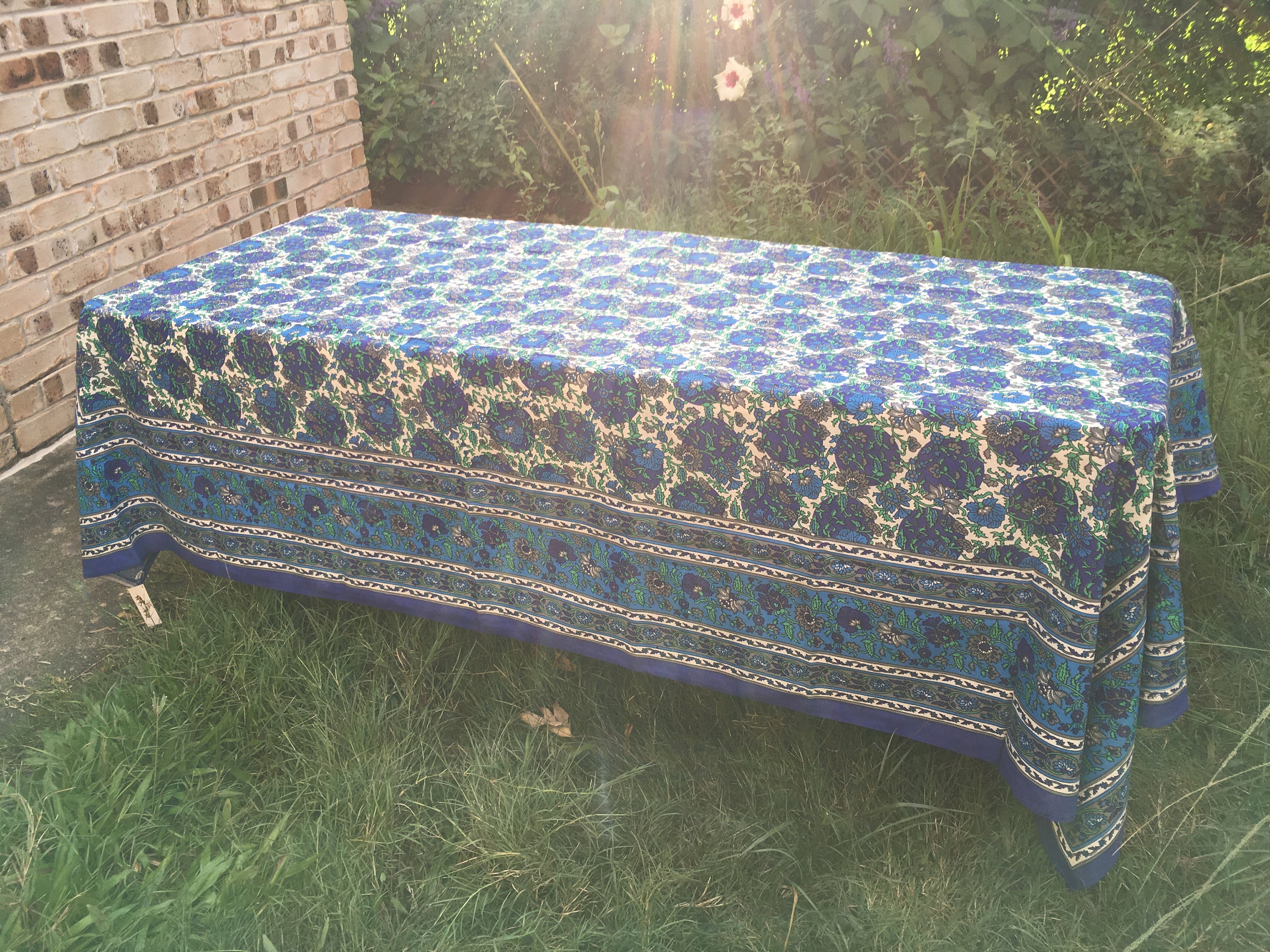 Hand printed Indian Cotton Table Cloth Mediterranean Garden 245 x 205 cm 