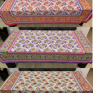 Table Cloth Hand Printed Flower Red Green Purple Yellow Blue White Organic Cotton (2.3m / 2.2m / 2.1m) Tablecloth