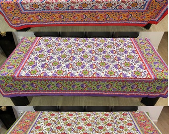 Table Cloth Hand Printed Flower Red Green Purple Yellow Blue White Organic Cotton (2.3m / 2.2m / 2.1m) Tablecloth