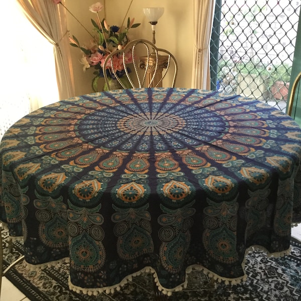 Round table cloth 190cm diameter 100% Cotton Bohemian Blue with Pom Poms