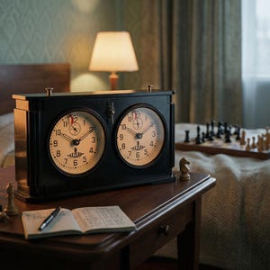 May include: A black chess clock with two circular faces sits on a wooden table. The clock has white clock faces with black numbers and hands. A chessboard with pieces is on the bed in the background. A notebook and pen are on the table.
