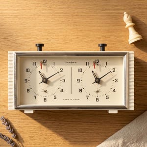 May include: A rectangular analog chess clock with a cream-colored face, black numerals, and two black hands on each dial. The device features a silver metal frame, two black top buttons, and the text "Jantar" and "MADE IN USSR" printed on the front.