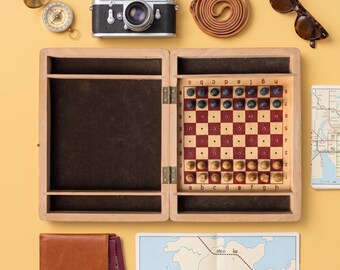 Soviet Travel Chess Set 1970s - Vintage Wooden Peg Chess Game in Book Case - USSR Road Chess - Gift for Chess Player