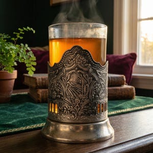 May include: A glass of tea in an ornate silver cup holder. The cup holder features a detailed landscape design and sits on a round base. Steam rises from the tea, suggesting it is hot. The background includes books, a plant, and a window.
