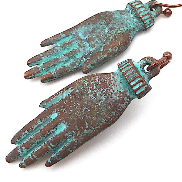 ausgefallene Kupfer Patina Ohrhänger Hand Hände patiniert oxidiert türkis vintage bohemian 'VICTORIA'