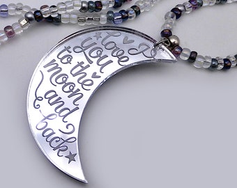 collier court de perles de verre demi-lune pendentif miroir argenté avec texte cadeau fête des mères amour 'I LOVE YOU' To The Moon And Back