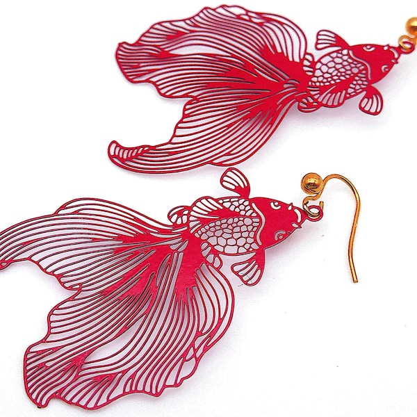 Ohrhänger Goldfisch rot zart filigran Lasercut Fisch transparent asiatisch Schleierschwanz  'GO ASIA'