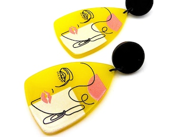 Statement Earrings Line-Art Drawing Illustration Art Design Drawn in a Line 70s Style Abstract Face 'LONDON'