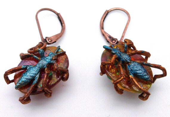 1960s True Vintage Beetle Earrings Insect Ant Cop… - image 4