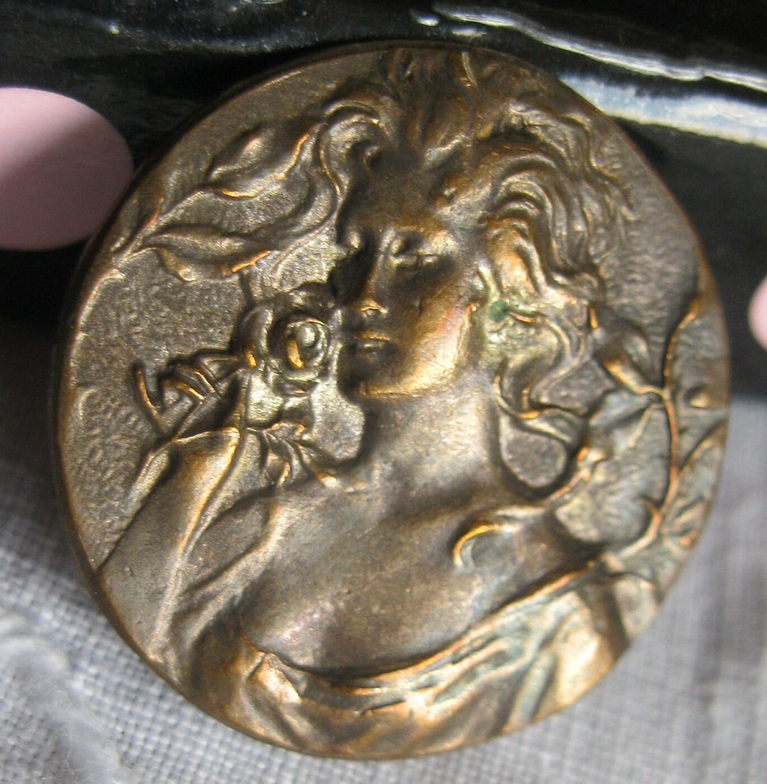 Antique Metal Art Nouveau Button E M Paris Lady Holding Rose Etsy