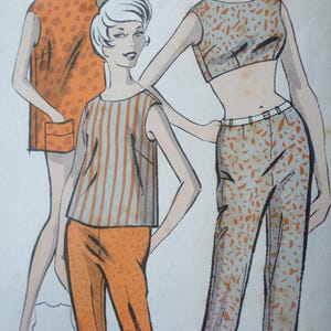 May include: A vintage sewing pattern featuring three women's clothing designs. The first design is a sleeveless mini dress with orange and white polka dots. The second design is a sleeveless top with orange and white stripes and matching pants. The third design is a sleeveless crop top with orange and white spots and matching pants.