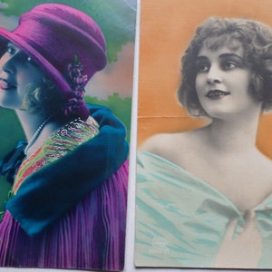 2 cartes postales colorées vintage dames - idéales pour collectionneur de cartes postales ou scrapbooking