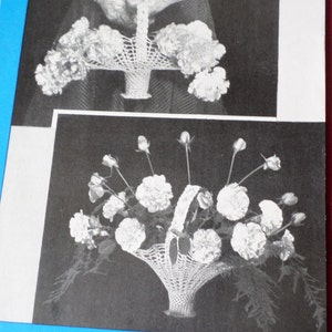 May include: A vintage leaflet titled "Novel Crochet Baskets" featuring two images of crocheted baskets filled with flowers. The leaflet is blue and white, with the text "Strutt's Milford Knitting Cotton" at the bottom.