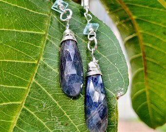 BLUE SAPPHIRE EARRING Gemstone 22Ct Natural Sapphire Rose Cut Faceted Gemstone Flat Back Sapphire Designer Earring Size 2Inches 8X4MM