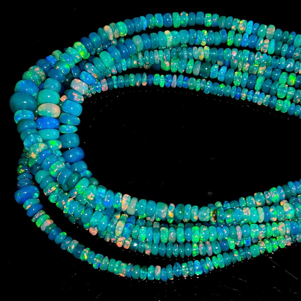 Natural Blue Ethiopian Opal Beaded Necklace Gemstone 33 To 42 Ct Electric Fire 1 Strand Opal Necklace Round Bead 18" Length 7x4 To 2.50X1.50