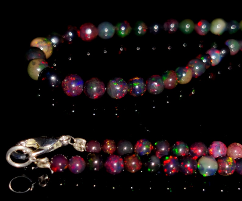 NATURAL ETHIOPIAN OPAL Beaded Necklace 44Ct High Quality Electric Fire Black Ethiopian Opal 1Line Strand Ball Beads Necklace Gemstone5x53x3