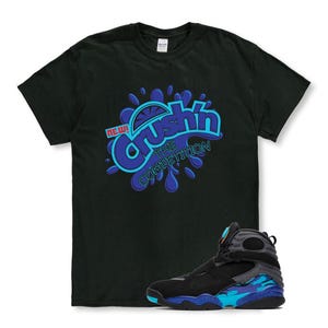 Shirt to match the Jordan 8 Aqua Sneaker, Label Jordan 8 Aqua Matching Sneaker Tee Shirt, Sneaker Label Jordan 8 Aqua Black