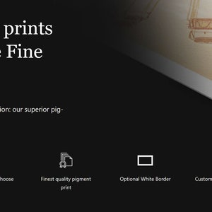 Może przedstawiać: Zbliżenie na biały, fakturowany papier z rozmytym obrazem koła widokowego. Tekst "Perfect pigment prints on Hahnem&uuml;hle Fine Art Papier" jest wyświetlany nad obrazem. Pod obrazem znajduje się sześć ikon reprezentujących cechy produktu: Papier Fine Art, 5 rodzaj&oacute;w papieru do wyboru, Najwyższej jakości druk pigmentowy, Opcjonalna biała ramka, Niestandardowe rozmiary i formaty oraz Możliwość oprawienia i passe-partout.