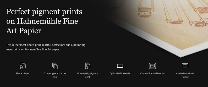 Może przedstawiać: Zbliżenie na biały, fakturowany papier z rozmytym obrazem koła widokowego. Tekst "Perfect pigment prints on Hahnem&uuml;hle Fine Art Papier" jest wyświetlany nad obrazem. Pod obrazem znajduje się sześć ikon reprezentujących cechy produktu: Papier Fine Art, 5 rodzaj&oacute;w papieru do wyboru, Najwyższej jakości druk pigmentowy, Opcjonalna biała ramka, Niestandardowe rozmiary i formaty oraz Możliwość oprawienia i passe-partout.