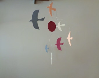 Kinetic art mobile, Foam Birds mobile, Free Shipping, Birds and moon Hanging mobile, Mobile baby kinetic, Matisse inspired art mobile,