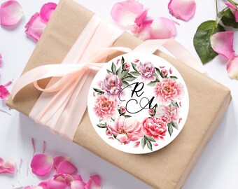 Gepersonaliseerde trouwsticker met initialen, gepersonaliseerde trouwlabels, bedankt voor het vieren met ons, bloementrouwsticker