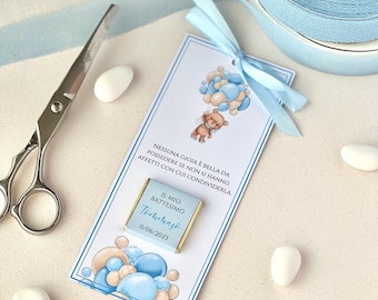 Baptism Place Card with Chocolate, Teddy Bear & Balloons – Personalized with Name, Date, and Phrase