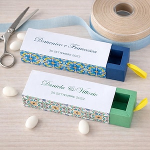 Majolica Drawer Box – Green or Blue – Personalized with Names & Date – Wedding Favor