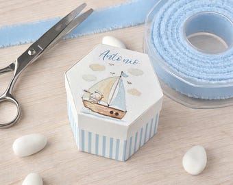 Caixa de lembrancinhas em formato de veleiro | Lembrancinha personalizada para chá de bebê com ursinho de pelúcia azul | Caixa de lembrancinhas feita à mão na Itália