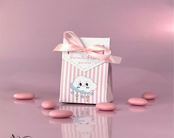 Caixas de lembrancinhas para bebê menina | Lembrancinhas rosa com laço e listras | Caixa de lembrancinhas para bebê menina feita à mão na Itália