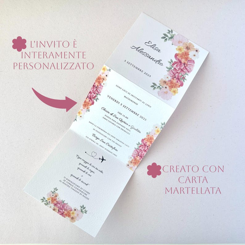 Invitación de boda floral – Papel martillado + Sobre elegante y personalizable | Formato tríptico - Invitación con sobre imagen 2