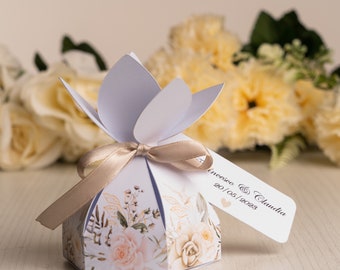 Custom Flower Shaped Confetti Box With Names and Date Tag Flowers