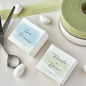 Elfenbeinfarbene Reis-/Konfettibox – Grünes oder hellblaues Aquarelldesign – Personalisierbar für Hochzeiten