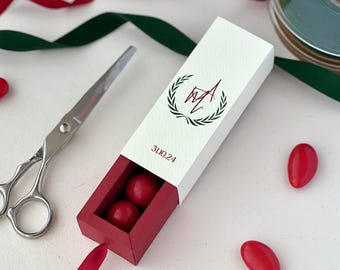 Personalized Graduation Favor Box | Laurel Wreath and Initials | Ivory and Red Hammered Cardstock | Elegant Favor