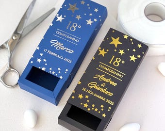 Caixa para Aniversário de 18 Anos – Elegante com Estrelas em Folha de Ouro/Prateada, Versão Azul ou Preta | Personalizável | Lembrancinha de Aniversário