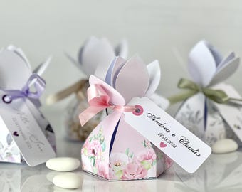 Caixa de lembrancinha de casamento personalizada com pétalas • Lembrancinha elegante com laço • 5/7 confetes • 4 variações de cores